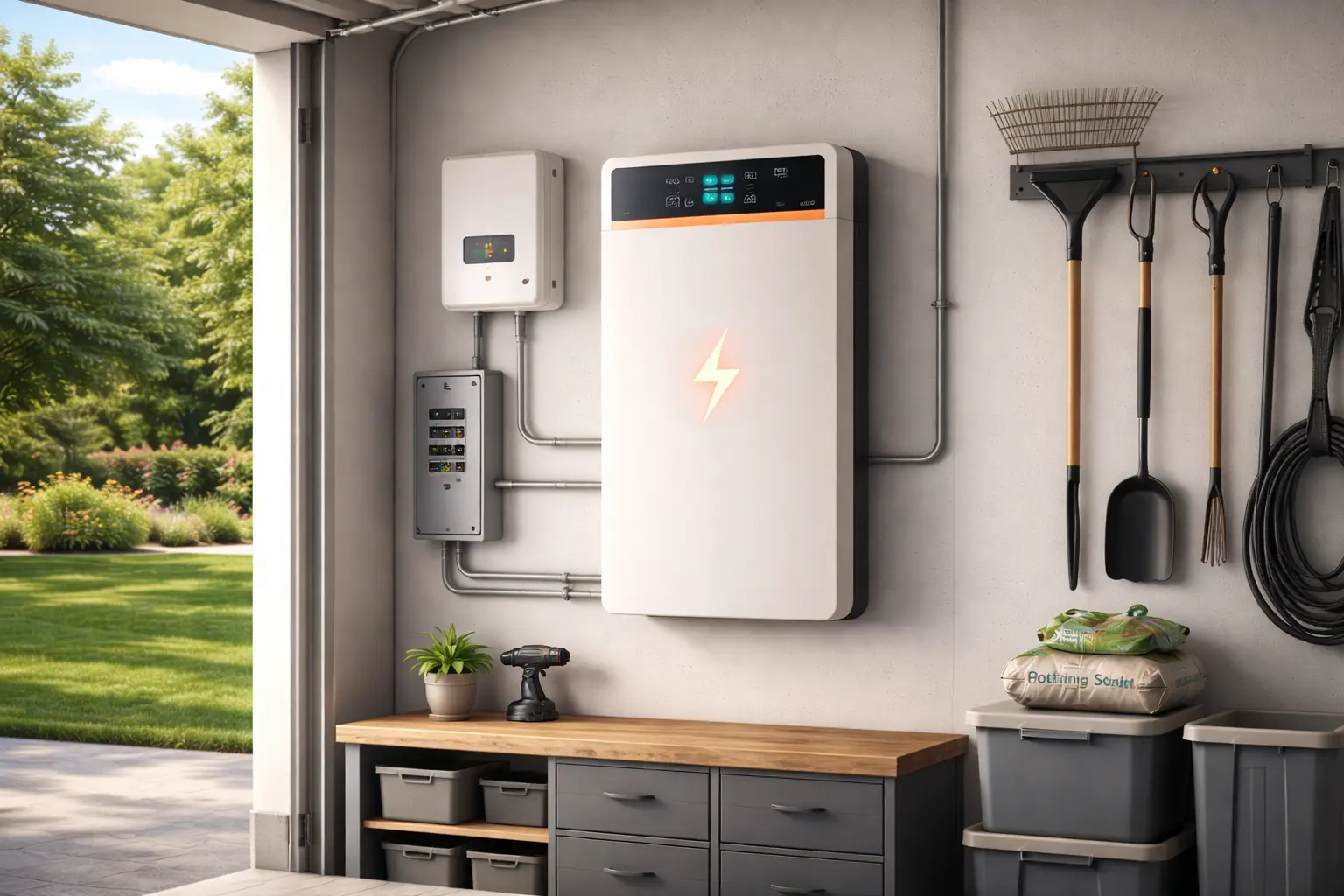 Home battery storage system installed in garage with electrical panel connections and open garage door showing green backyard