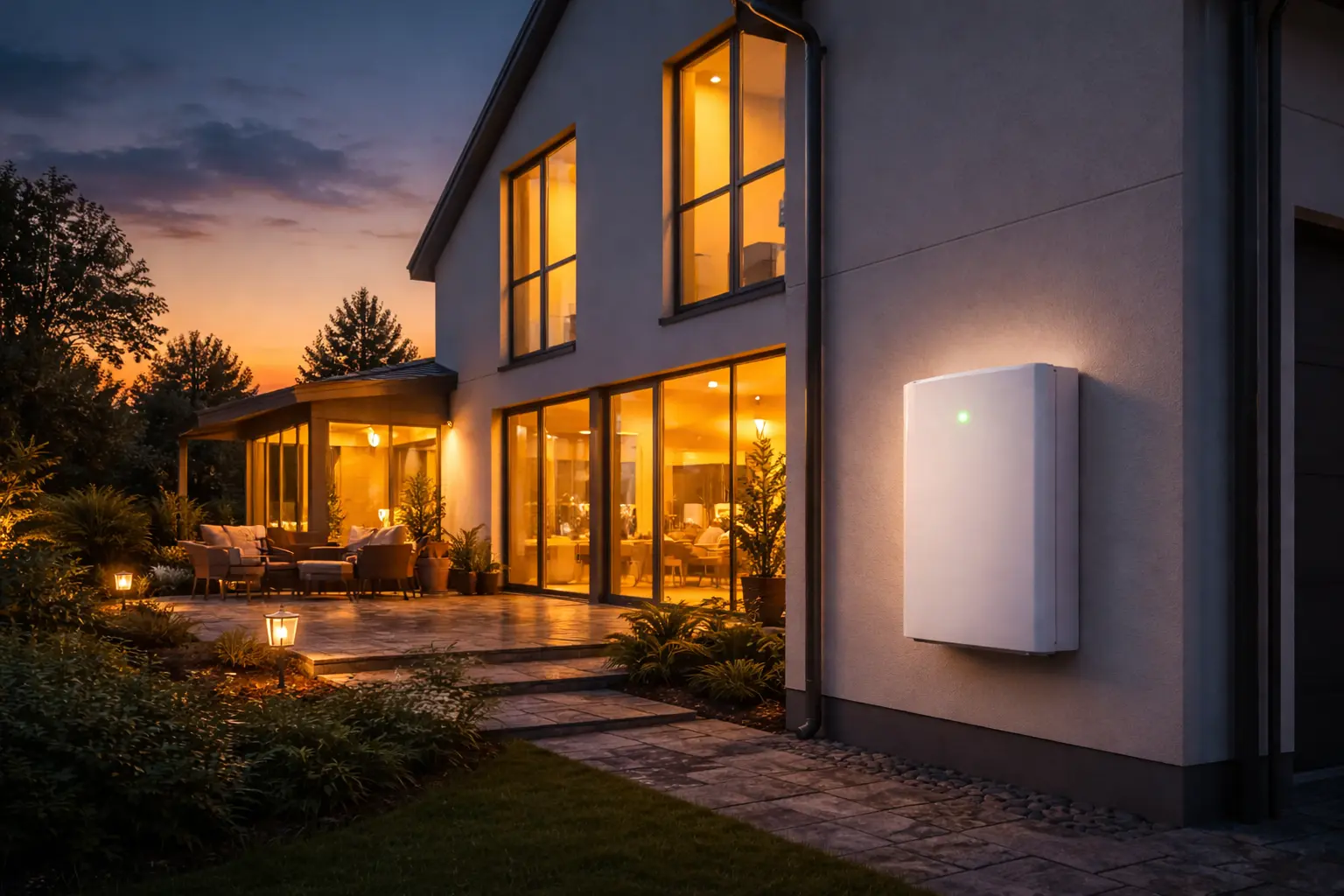 Home battery storage at dusk