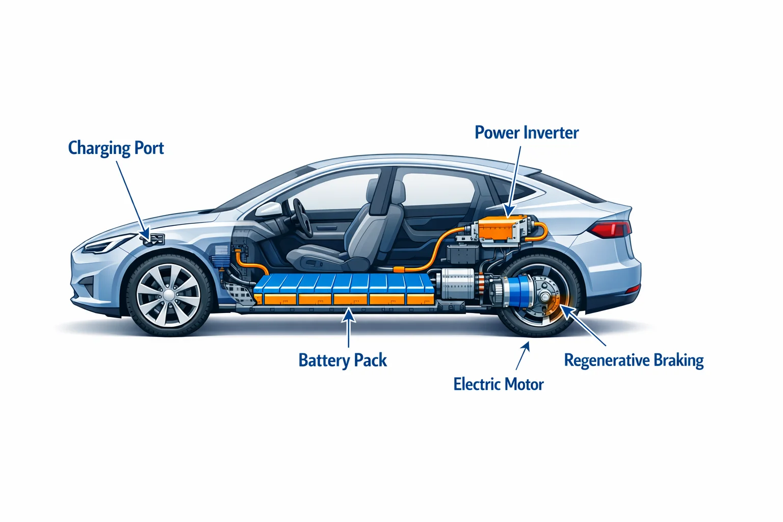 Electric vehicle cutaway diagram showing battery pack under floor electric motor power inverter charging port and regenerative braking system