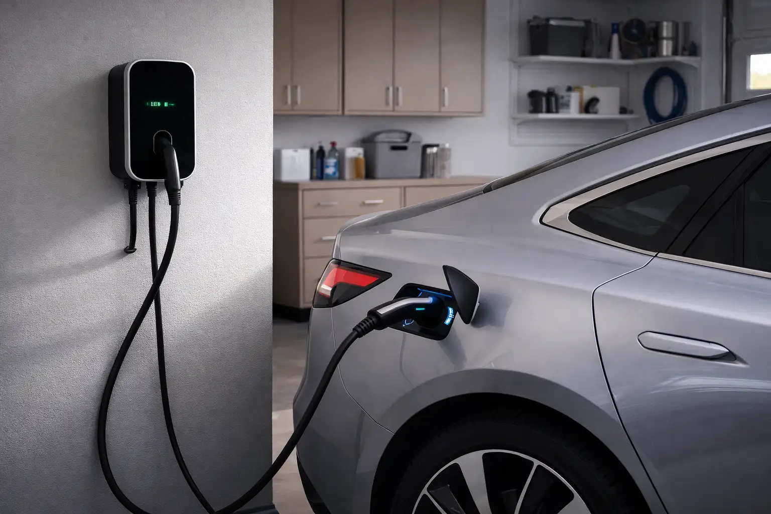 Electric vehicle plugged into Level 2 home charging station mounted on garage wall with blue charging indicator light active