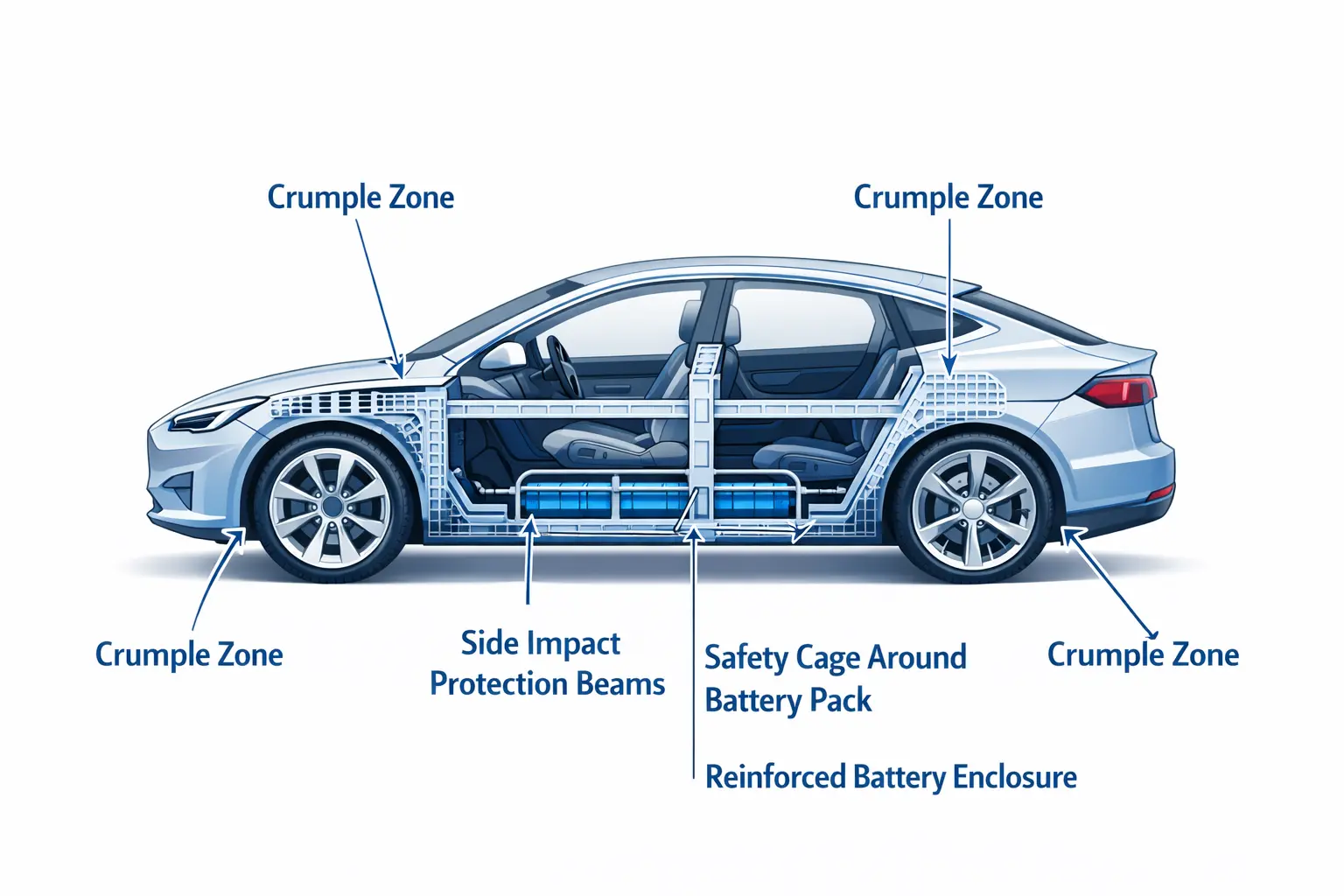 EV safety structure diagram showing crumple zones side impact protection beams safety cage and reinforced battery enclosure