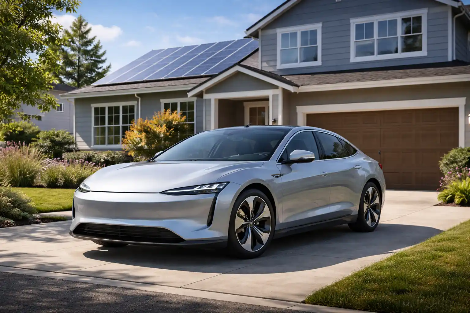 Electric vehicle parked at home with solar panels
