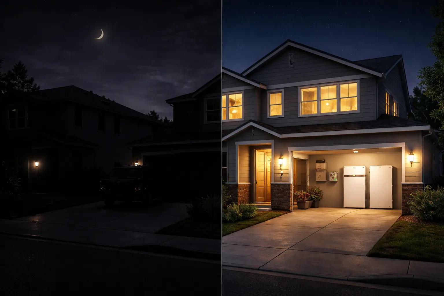 Split screen showing dark house during neighborhood power outage versus well lit home powered by solar battery backup system