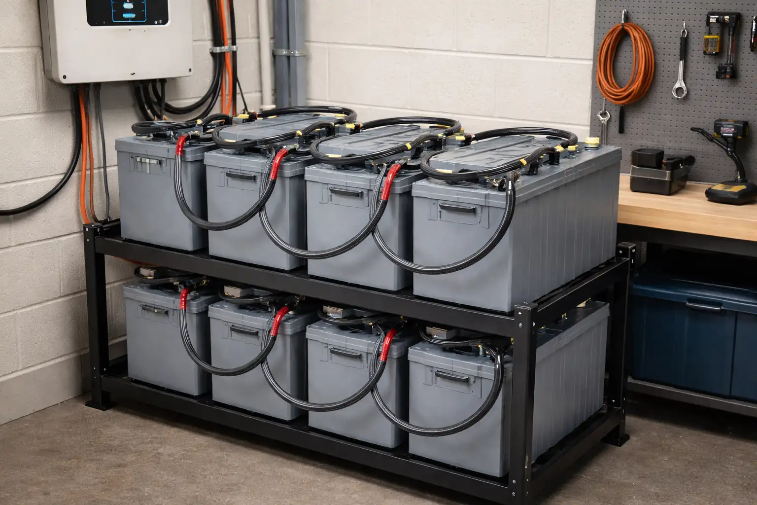 Lead-acid solar battery bank with 8 large batteries on metal rack showing wiring and connections for home solar storage