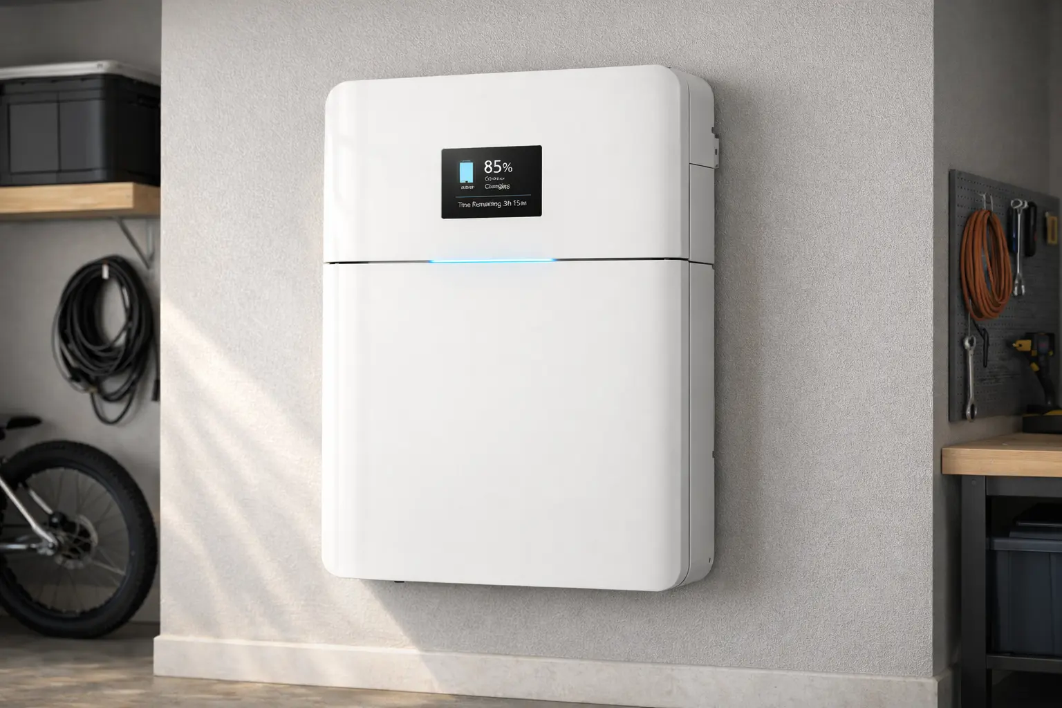 Battery types comparison — modern lithium-ion solar battery wall mounted in garage for home energy storage