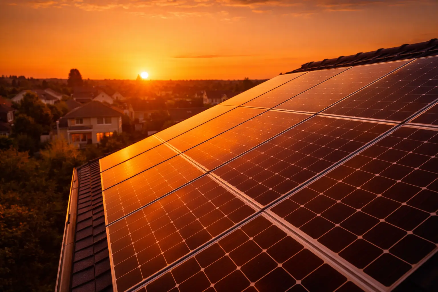 Free solar calculator — rooftop solar panels at sunset showing home energy savings
