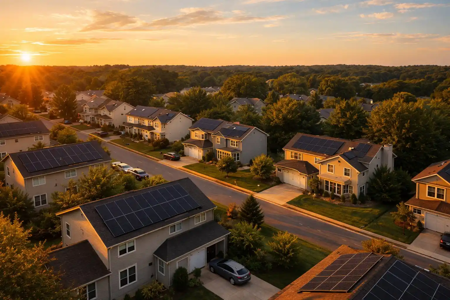 Solar Panels California — Residential Rooftop Solar Solar panels California — aerial view of a suburban neighborhood with rooftop solar at sunset
