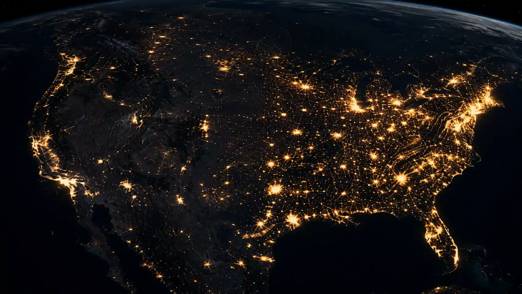 USA at night showing electricity usage and solar energy potential by state