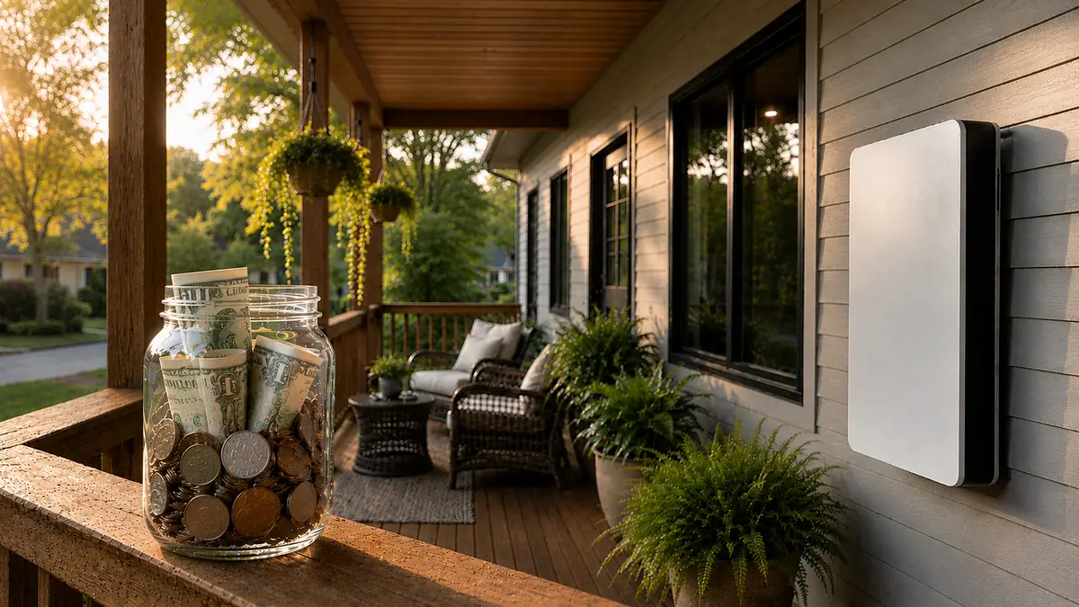 Glass jar filled with cash and coins on a porch railing, with a home battery storage unit mounted on the wall in the background