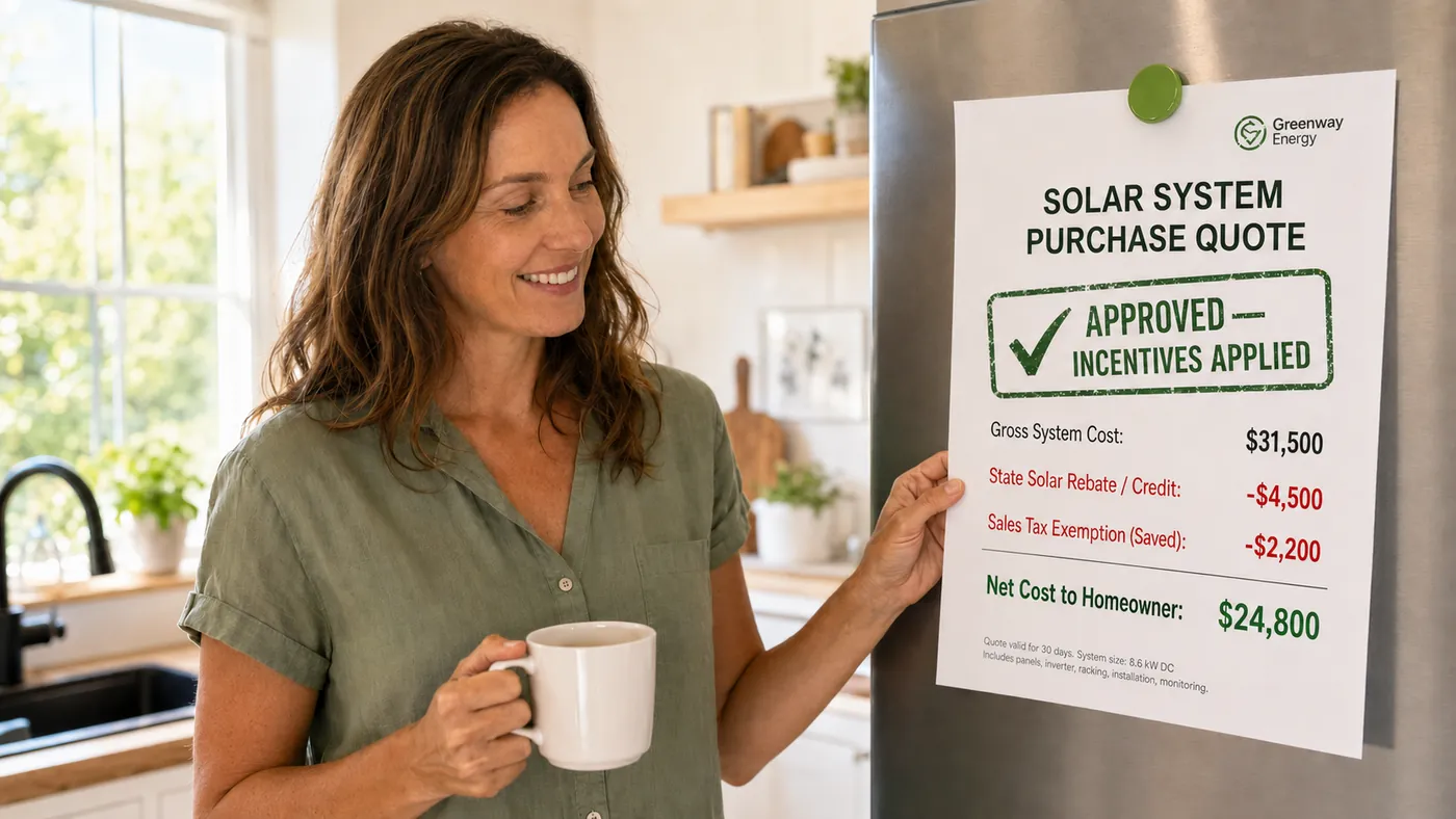 Homeowner reviewing solar quote and incentives savings breakdown
